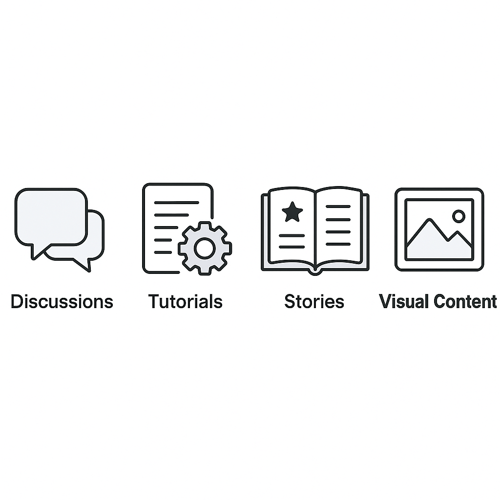 Icons for Discussions, Tutorials, Stories, Visual Content.