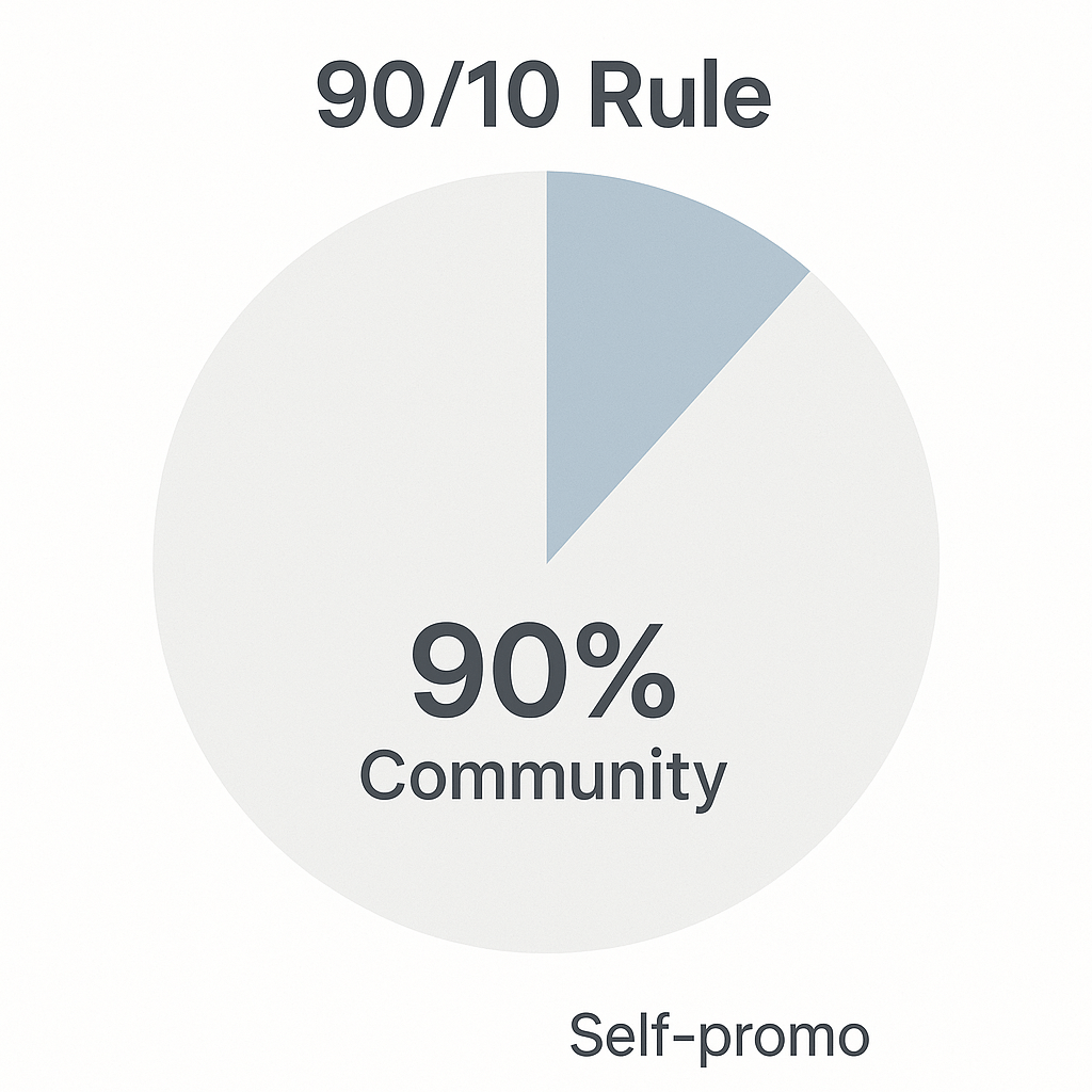 Pie chart showing 90% community content and 10% self-promotion.