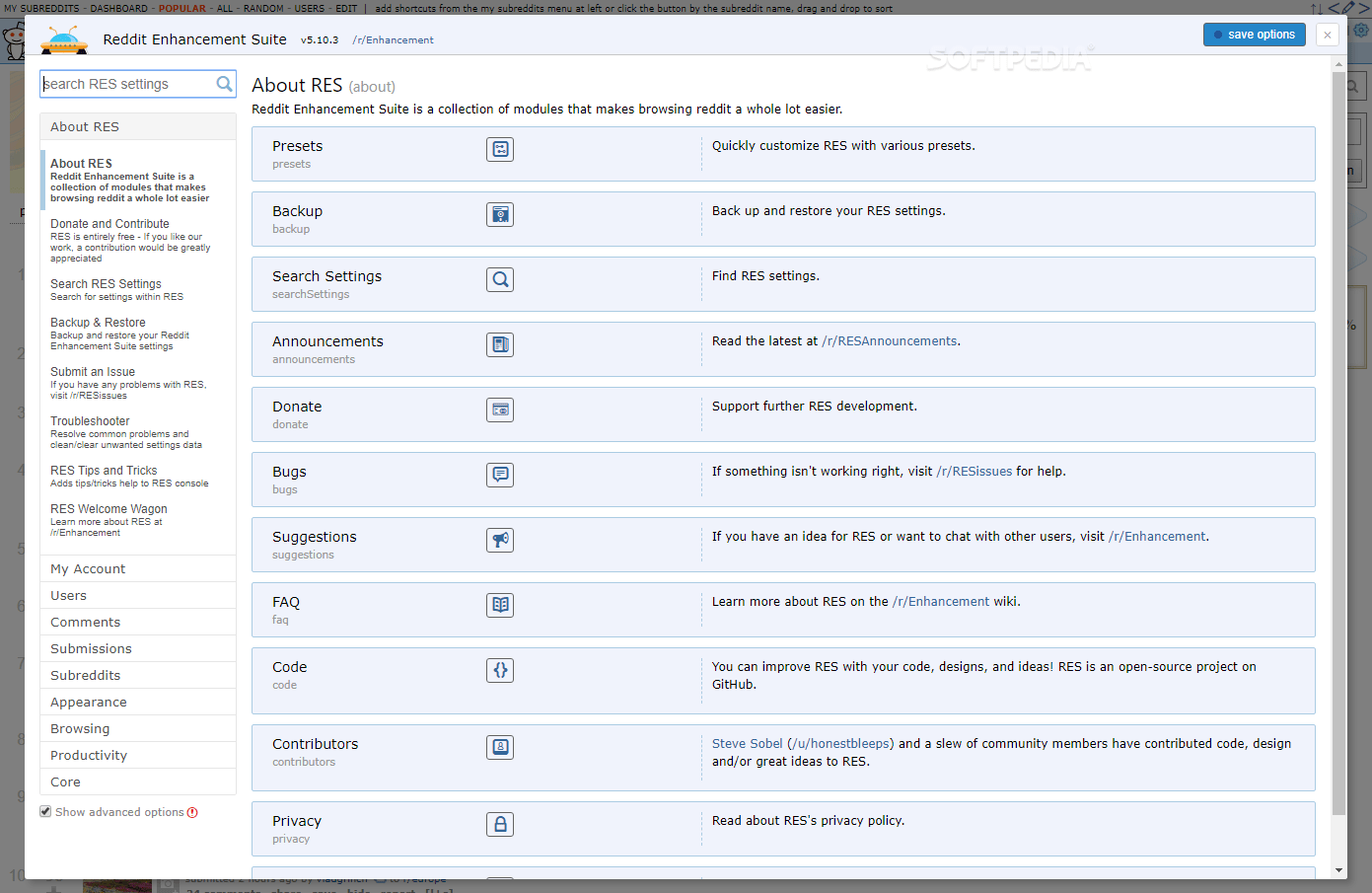 Screenshot of Reddit Enhancement Suite settings panel.