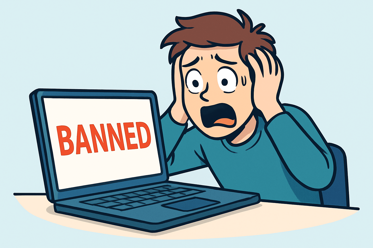 Cartoon-style illustration of a person frantically checking their phone, representing panic after posting affiliate links on Reddit and getting banned.