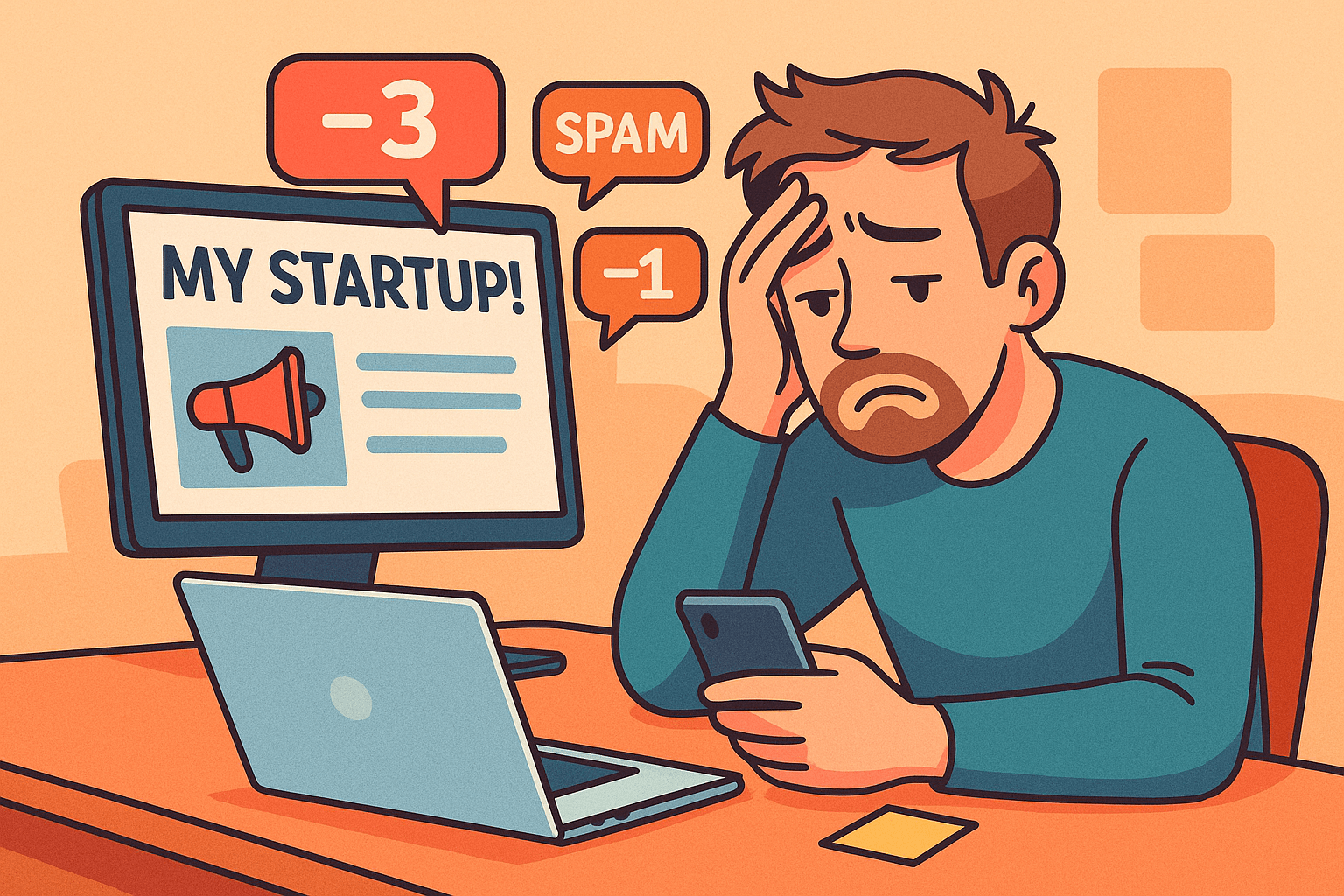 A digital illustration of a man sitting at his desk, surrounded by startup sketches and diagrams, looking frustrated after his Reddit marketing posts were ignored.