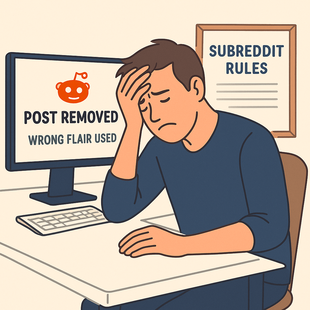 Frustrated Reddit user sitting at a desk, staring at a computer screen showing 'Post Removed: Wrong Flair Used,' with a 'Subreddit Rules' poster on the wall in a flat illustration style.