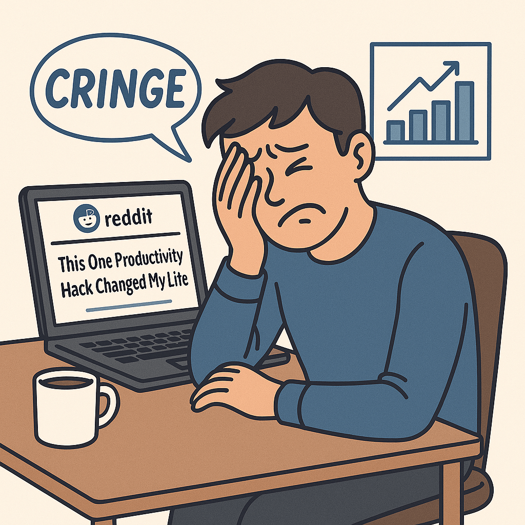 Illustration of a person sitting at a desk, facepalming while looking at a laptop screen displaying a clickbait Reddit post titled 'This One Productivity Hack Changed My Life,' with a speech bubble saying 'CRINGE' above their head.