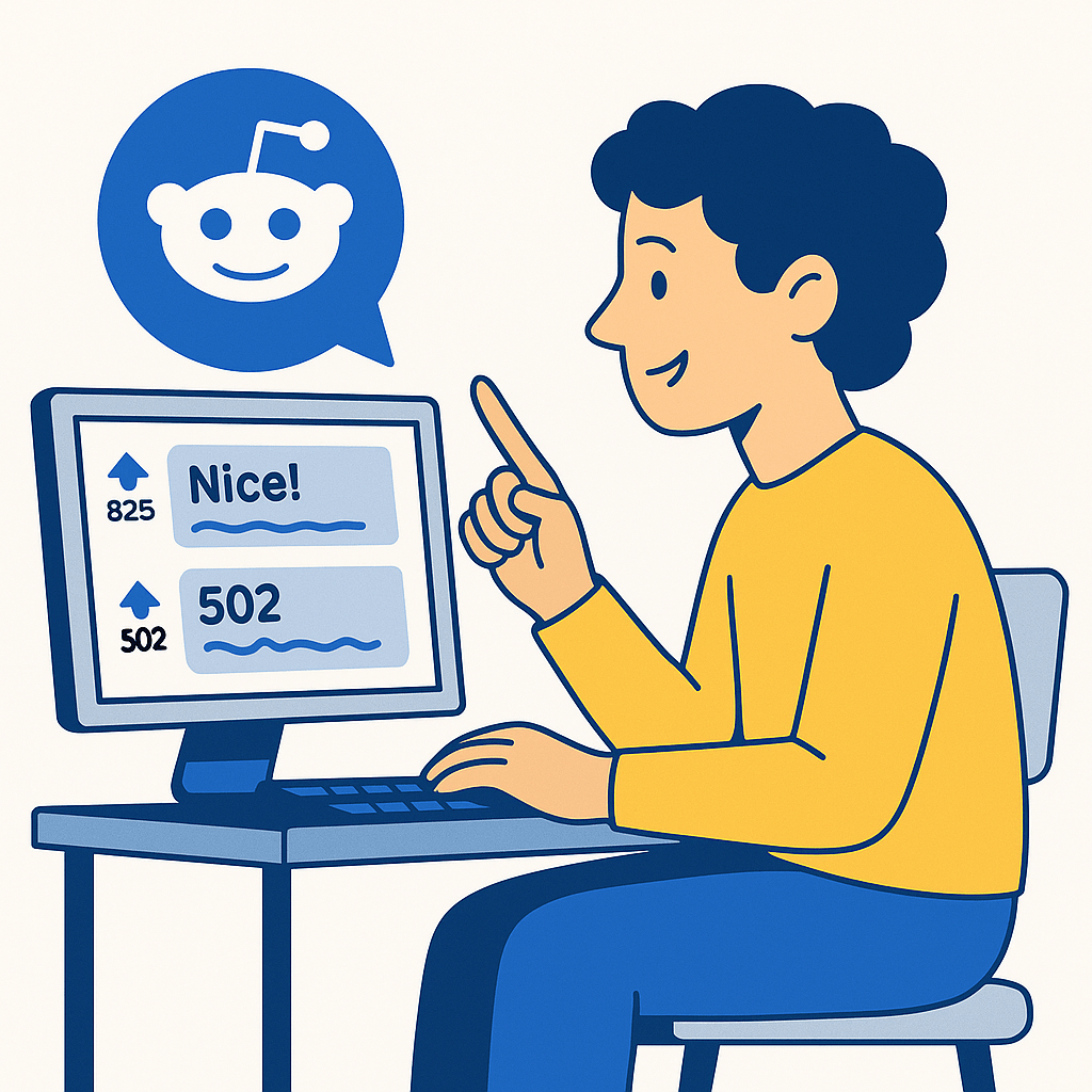 Flat-style digital illustration of a young person sitting at a desk, actively engaging in Reddit comments with a happy expression, a speech bubble featuring the Reddit logo above the computer screen showing upvotes and positive messages.
