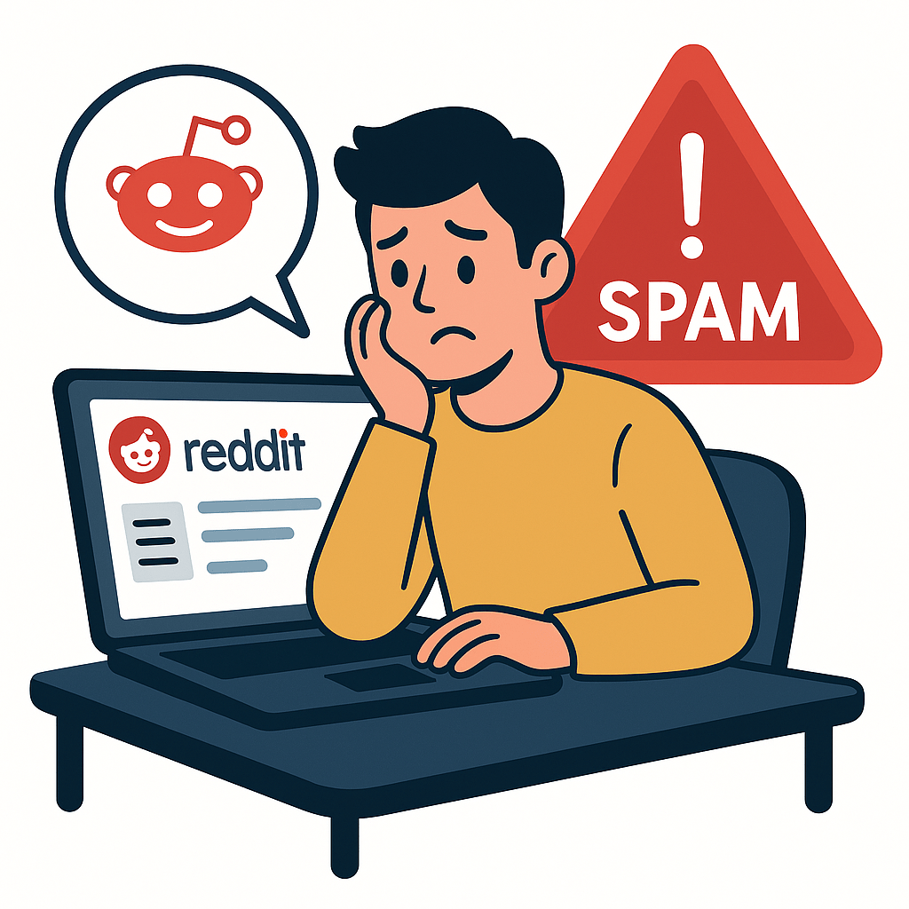 A flat-style digital illustration shows a worried young man sitting at a desk, looking at a laptop displaying Reddit's homepage, with a large red spam warning sign behind him.