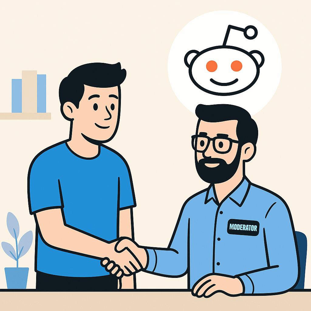 Flat-style illustration of two men shaking hands, one wearing a 'Moderator' badge, with Reddit's Snoo mascot in a speech bubble above them, symbolizing building relationships with subreddit moderators.